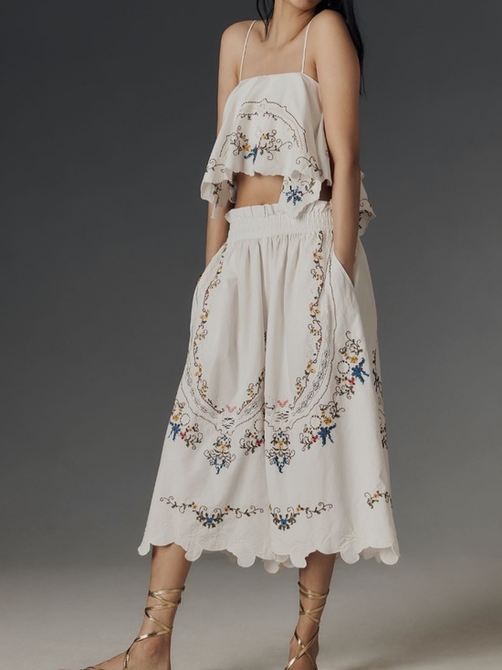 Anthropologie Pants - Anthropologie Embroidered Culottes and Hanky Crop Cutwork Tank